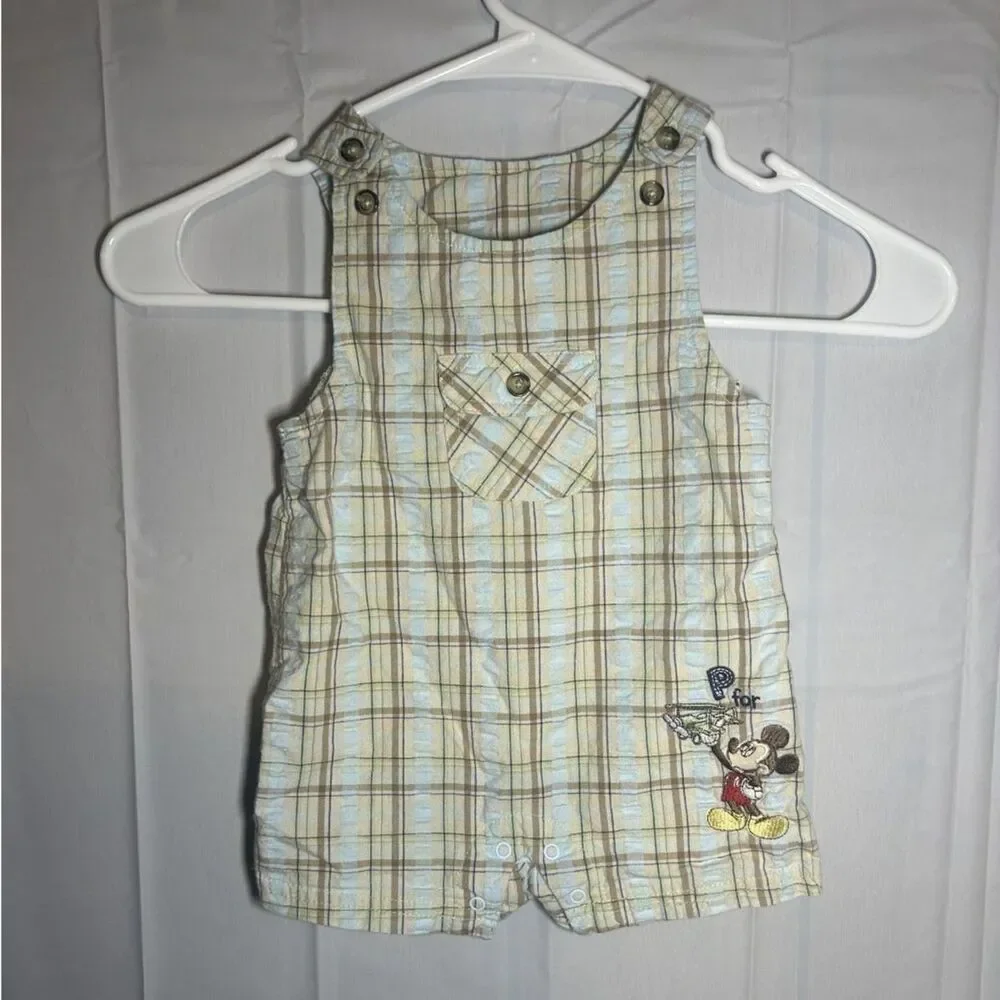 Disney Baby Mickey Mouse Plaid Seersucker Overall Romper 6-9M Vintage 2009